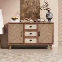 Credenza con Motivo a Spina di Pesce, Tre Cassetti e Due Ante, Gambe in Legno Massello, color Legno Naturale(m-1)