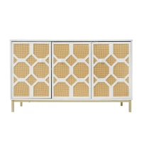 Cómoda y Aparador de Tres Puertas con Puertas de Ratán Estructurado Estantes Regulables y Patas Doradas Blanco(m-1)
