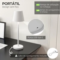 HOMCOM Candeeiro de Mesa com Luzes LED Candeeiro de Mesa Sem Fios Recarregável por USB-C 3 Cores Ø11,2x36,5 cm Branco(m-4)