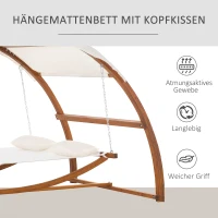 Outsunny Hängematte mit Holz Gestell und Sonnendach Hammock mit 2 Kopfkissen Stabhängematte Outdoor Indoor Cremeweiß+Natur 322 x 160 x 173 cm(m-5)