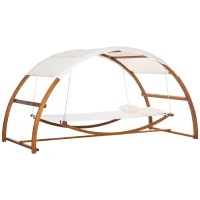 Outsunny Hängematte mit Holz Gestell und Sonnendach Hammock mit 2 Kopfkissen Stabhängematte Outdoor Indoor Cremeweiß+Natur 322 x 160 x 173 cm(m-1)
