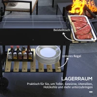 Outsunny Houtskoolbarbecue, Barbecuekar, 2 Grillroosters, 2 wielen, Handvatten, Opbergrekken, 113 x 53,5 x 82,5 cm, Zwart(m-6)