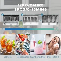 HOMCOM Ijsblokjesmachine, IJsmaker, 12 kg/dag, 9 blokjes in 6-13 min, 30,3 x 22,8 x 29 cm, Wit(m-4)
