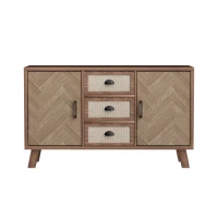 Credenza con Motivo a Spina di Pesce, Tre Cassetti e Due Ante, Gambe in Legno Massello, color Legno Naturale(m-2)