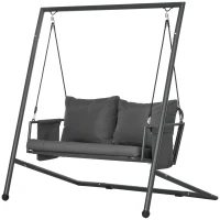 Outsunny Leagăn de Grădină cu 2 Locuri, Perne și Buzunare, Balansoar Exterior din Oțel și Textile, 168x117x181 cm, Gri Închis(m-10)