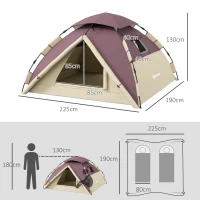 Outsunny Cort Camping 2 Locuri cu 2 Ferestre și Cârlig Interior, Cort Camping din Poliester și Fibră de Sticlă, 225x190x130 cm, Kaki(m-3)