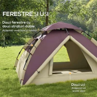 Outsunny Cort Camping 2 Locuri cu 2 Ferestre și Cârlig Interior, Cort Camping din Poliester și Fibră de Sticlă, 225x190x130 cm, Kaki(m-6)