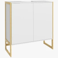 HOMCOM Dulap de Baie Sub Chiuvetă, Dulap de Depozitare din Bambus, Unitate Toaletă de Baie cu 2 Uși, 70x33x79.5 cm, Alb(m-1)