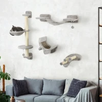 PawHut Four-Piece Cat Wall Furniture, with Hammock, Ladder, Platforms, Steps, for Indoor Use - Grey(m-10)
