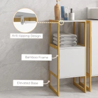 HOMCOM Dulap de Podea pentru Baie, Dulap de Depozitare pentru Baie cu Cadru din Bambus, Raft Deschis și Ușă, 33x33x80 cm, Alb(m-6)