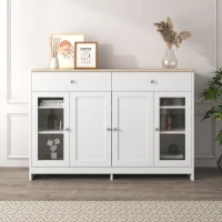 Credenza Moderna con Superficie in Legno, con 4 Ante e 2 Cassetti e Anta in Vetro, per Soggiorno e Sala da Pranzo, Bianco(m-1)