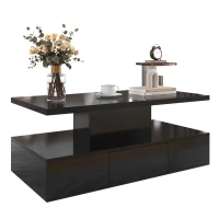 Mesa de Centro con Cajones y Acabado Brillante Mesa de Centro con 2 Estantes y Luz Led Negro(m-1)