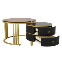 Mesita 2 en 1 en MDF con Superficie Brillante y Tapa de Vidrio Templado Marrón Combinación de Mesa de Centro para Sala de Estar con 2 Cajones Negro(m-1)
