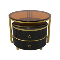Mesita 2 en 1 en MDF con Superficie Brillante y Tapa de Vidrio Templado Marrón Combinación de Mesa de Centro para Sala de Estar con 2 Cajones Negro(m-4)