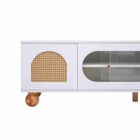 Mobile TV con Anta Scorrevole in Vetro, Tre Aree Aperte, Maniglie Dorate e Piedini in Legno Massiccio, Bianco(m-6)