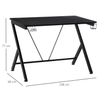 HOMCOM Gaming Desk, 108 x 66cm Computer Table Metal Frame with Cup Holder, Headphone Hook, Cable Hole, for Small Spaces, Black(m-3)