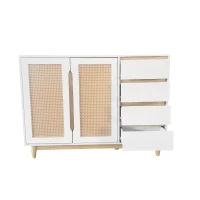 Credenza con Porte in Rattan PE, Cassetti, Ripiani Regolabili e Gambe in Legno Massello, Bianco(m-6)