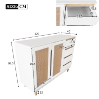 Credenza con Porte in Rattan PE, Cassetti, Ripiani Regolabili e Gambe in Legno Massello, Bianco(m-3)