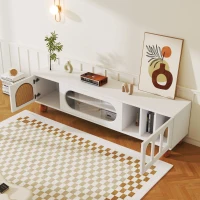 Mobile TV con Anta Scorrevole in Vetro, Tre Aree Aperte, Maniglie Dorate e Piedini in Legno Massiccio, Bianco(m-8)