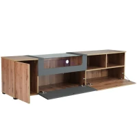 Mobile TV nei colori grigio scuro e legno in stile country naturale, con luci a LED, piano in vetro, scomparti e ante, Naturale(m-8)