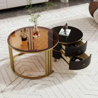 Mesita 2 en 1 en MDF con Superficie Brillante y Tapa de Vidrio Templado Marrón Combinación de Mesa de Centro para Sala de Estar con 2 Cajones Negro(m-8)