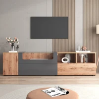 Mobile TV nei colori grigio scuro e legno in stile country naturale, con luci a LED, piano in vetro, scomparti e ante, Naturale(m-1)