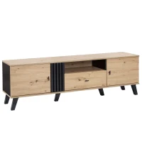 Mobile TV da 170 cm in Legno e Nero, Credenza con Cassetti, Spazio per Riporre, Design Esclusivo, Naturale(m-2)