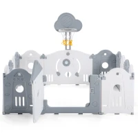 Multifunktionaler Laufstall im Schlossdesign mit Schaukel, Basketballkorb und Aktivitätsbrett - Sicher und Klappbar, Grau(m-9)