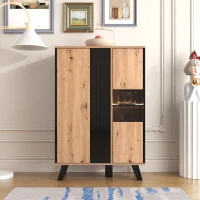 Mesitas de Noche y Aparadores Modernos con Vitrinas de Vidrio E Iluminación Led Diseño Único con Líneas Negras y Madera 80x40x120 cm Natural(m-1)