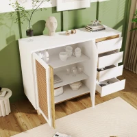 Credenza con Porte in Rattan PE, Cassetti, Ripiani Regolabili e Gambe in Legno Massello, Bianco(m-7)