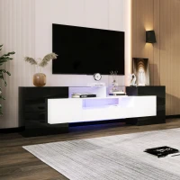 Elegante TV mobile con Pannello Basso, Luminoso Bianco e Nero Lucido, LED Illuminazione, Mobili Soggiorno - Design Moderno, Superficie in Vetro Elegante, Nero(m-7)