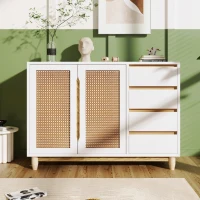 Credenza con Porte in Rattan PE, Cassetti, Ripiani Regolabili e Gambe in Legno Massello, Bianco(m-1)