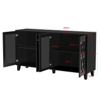 Credenza Moderna con Specchio e Maniglie di Cristallo, 4 Ante e Ripiani Mobili per Soggiorno e Cucina, 160x40x84 cm, Nero(m-3)
