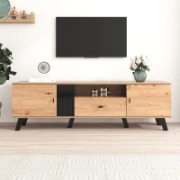 Mobile TV da 170 cm in Legno e Nero, Credenza con Cassetti, Spazio per Riporre, Design Esclusivo, Naturale(m-1)