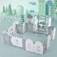 Multifunktionaler Laufstall im Schlossdesign mit Schaukel, Basketballkorb und Aktivitätsbrett - Sicher und Klappbar, Grau(m-2)