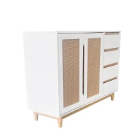 Credenza con Porte in Rattan PE, Cassetti, Ripiani Regolabili e Gambe in Legno Massello, Bianco(m-10)