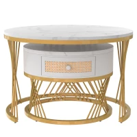 Mesa de Centro Redonda 2 en 1 en MDF Mesa con Tapa Efecto Mármol y Cajones en Ratán Sintético Tiradores en Madera Maciza Patas en Hierro Dorado Blanco(m-9)