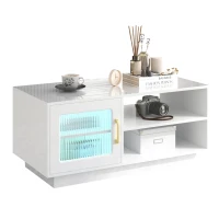 Tavolino da Salotto con Ante in Vetro e Illuminazione LED Controllabile tramite App Mobile, Bianco(m-10)