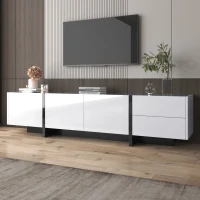 Mueble TV Bajo con Panel y Patas en Bloques de Color Brillante en Blanco y Negro con Puertas y Cajones Diseño Lineal Blanco(m-6)