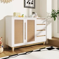 Credenza con Porte in Rattan PE, Cassetti, Ripiani Regolabili e Gambe in Legno Massello, Bianco(m-8)