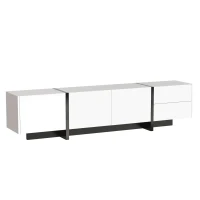 Mueble TV Bajo con Panel y Patas en Bloques de Color Brillante en Blanco y Negro con Puertas y Cajones Diseño Lineal Blanco(m-1)