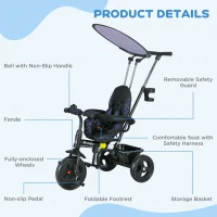 HOMCOM 6 in 1 Tricycle for Kids with 5-point harness straps, Removable Canopy, Dark Blue(m-7)