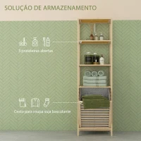 HOMCOM Estante de Casa de Banho em Bambu com 3 Prateleiras e 1 Cesto para Roupa Suja Removível 44x33x160 cm Natural(m-4)