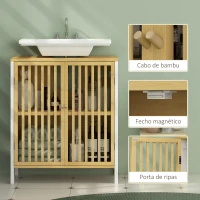 HOMCOM Móvel para Lavatório Pousar de Bambu para Casa de Banho com Porta Dupla e Prateleira Ajustável 60x30x70 cm Natural e Branco(m-7)