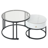 Set 2 Tavolini da Caffè con Superficie in Vetro e Marmo, Cassetto in Legno Massello, Bianco(m-2)