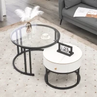 Set 2 Tavolini da Caffè con Superficie in Vetro e Marmo, Cassetto in Legno Massello, Bianco(m-1)