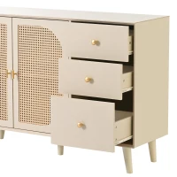 Credenza Moderna per Soggiorno con 2 Ante in Rattan e 3 Cassetti, Multiuso e Spaziosa, Bianco(m-7)
