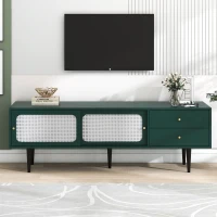 Mobile TV con Ante Scorrevoli in Rattan Bianco, 2 Cassetti e 4 Ripiani Regolabili, Verde(m-1)