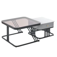 Mesa de Centro de Dos Piezas Mesas Bicolores de Vidrio Teal y Mármol Falso Marrón Blanco(m-1)