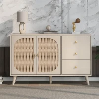 Credenza Moderna per Soggiorno con 2 Ante in Rattan e 3 Cassetti, Multiuso e Spaziosa, Bianco(m-4)